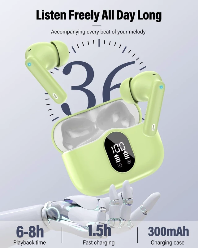 Alt view image 6 of 7 - Wireless Earbuds, Bluetooth 5.4 Headphones Bass Stereo/ENC Mic,Grass Green | Ear Buds with Noise Cancelling Mic LED Display, 36H, IP7 Waterproof in Ear Earphones for Laptop Pad Phones Sports Workout