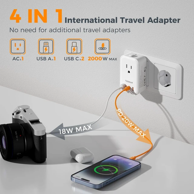 Alt view image 4 of 7 - Universal Travel Adapter PD 20W, White 2 USB C Ports, 1 USB A Port, International Power Adapter, US to EU UK AUS Scotland, Type C G A I