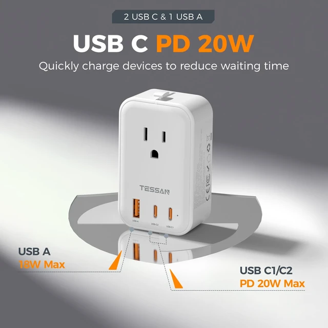 Alt view image 5 of 7 - Universal Travel Adapter PD 20W, White 2 USB C Ports, 1 USB A Port, International Power Adapter, US to EU UK AUS Scotland, Type C G A I