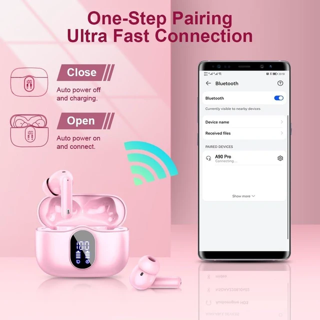 Alt view image 5 of 7 - Btootos Wireless Earbuds Bluetooth 5.4 Headphones Bass Stereo Ear Buds with Noise Cancelling Mic LED Display in Ear Earphones IP7 Waterproof 36H Playtime for Laptop Pad Phones Sports Workout Pink