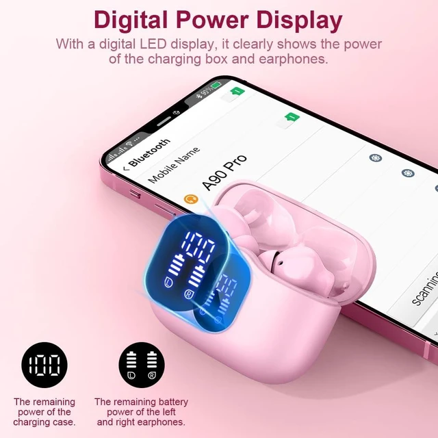 Alt view image 6 of 7 - Btootos Wireless Earbuds Bluetooth 5.4 Headphones Bass Stereo Ear Buds with Noise Cancelling Mic LED Display in Ear Earphones IP7 Waterproof 36H Playtime for Laptop Pad Phones Sports Workout Pink