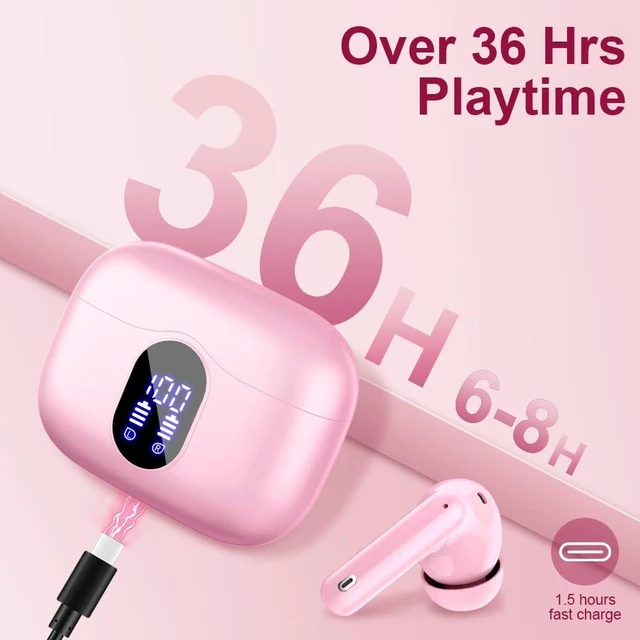 Alt view image 7 of 7 - Btootos Wireless Earbuds Bluetooth 5.4 Headphones Bass Stereo Ear Buds with Noise Cancelling Mic LED Display in Ear Earphones IP7 Waterproof 36H Playtime for Laptop Pad Phones Sports Workout Pink
