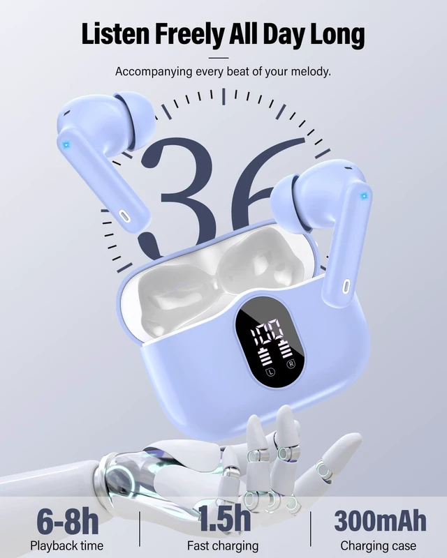 Alt view image 5 of 7 - Wireless Earbuds, Bluetooth 5.4 Headphones Bass Stereo/ENC Mic, Pale Blue | Ear Buds with Noise Cancelling Mic LED Display, 36H, IP7 Waterproof in Ear Earphones for Laptop Pad Phones Sports Workout