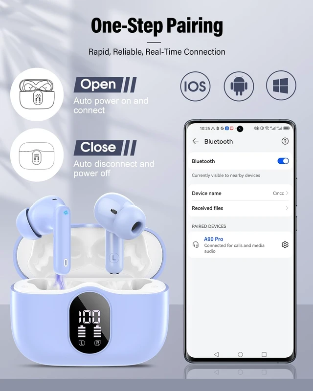 Alt view image 6 of 7 - Wireless Earbuds, Bluetooth 5.4 Headphones Bass Stereo/ENC Mic, Pale Blue | Ear Buds with Noise Cancelling Mic LED Display, 36H, IP7 Waterproof in Ear Earphones for Laptop Pad Phones Sports Workout