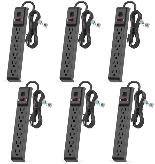 Main image of 6 Outlet Power Strip Surge Protector, 2 FT Extension Cord with Overload Protection, Wall Mountable for Home and Office, 600J, 15A/1875W, ETL Listed, 6 Packs