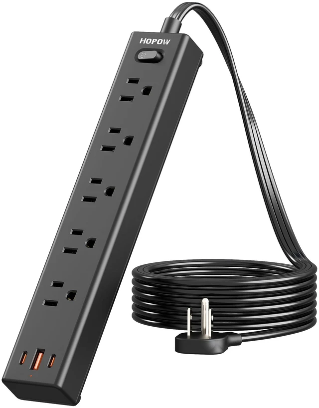 Main image of 5FT Surge Protector Power Strip, 1700J, 5AC&1A2C, Flat Plug Extension Cord Flat Power Strip, 0.33in Ultra Thin Plug, 1250W/10A, Wide Spaced, Mountable for Home Office, Black