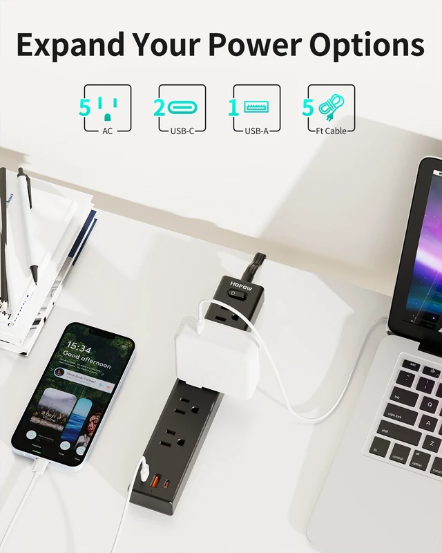 Alt view image 3 of 7 - 5FT Surge Protector Power Strip, 1700J, 5AC&1A2C, Flat Plug Extension Cord Flat Power Strip, 0.33in Ultra Thin Plug, 1250W/10A, Wide Spaced, Mountable for Home Office, Black
