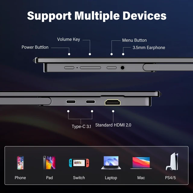 Alt view image 7 of 7 - 15.6 inch Portable Monitor 4K UHD 3840x2160 100% sRGB HDR External Monitor with 2 USB-C & HDMI Ports Travel Second Monitor for Laptop Mac PC Xbox PS5 Switch (Includes Adapter)