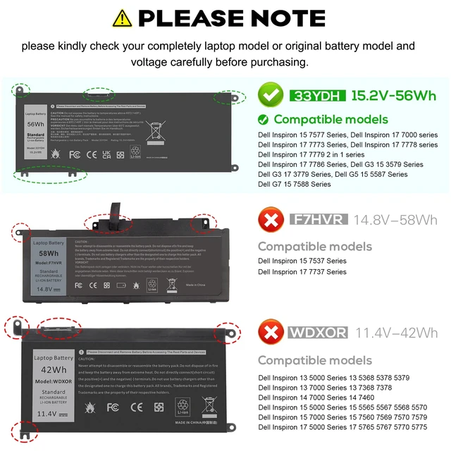 Alt view image 2 of 7 - 33YDH Laptop Battery for Dell Inspiron 17 7000 7778 7779 7786 7773 15 7577 G3 3579 3779 G5 5587 G7 7588 Latitude 13 3380 14 3490 15 3590 3580 Vostro 15 7580 7570 PVHT1 P30E 81PF3 081PF3