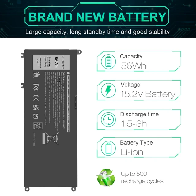 Alt view image 5 of 7 - 33YDH Laptop Battery for Dell Inspiron 17 7000 7778 7779 7786 7773 15 7577 G3 3579 3779 G5 5587 G7 7588 Latitude 13 3380 14 3490 15 3590 3580 Vostro 15 7580 7570 PVHT1 P30E 81PF3 081PF3