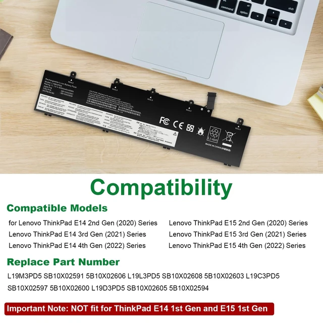 Alt view image 6 of 7 - L19M3PD5 L19C3PD5 L19L3PD5 Laptop Battery Compatible with Lenovo Thinkpad E14 Gen 2 20T6 20TA/ E14 Gen 3 20Y7 20YD 20YE/ E15 Gen 2 20T8 20TD,SB10X02597 5B10X02600 L19D3PD5 L20C3PD4 L20D3PD4 L20L3PD4