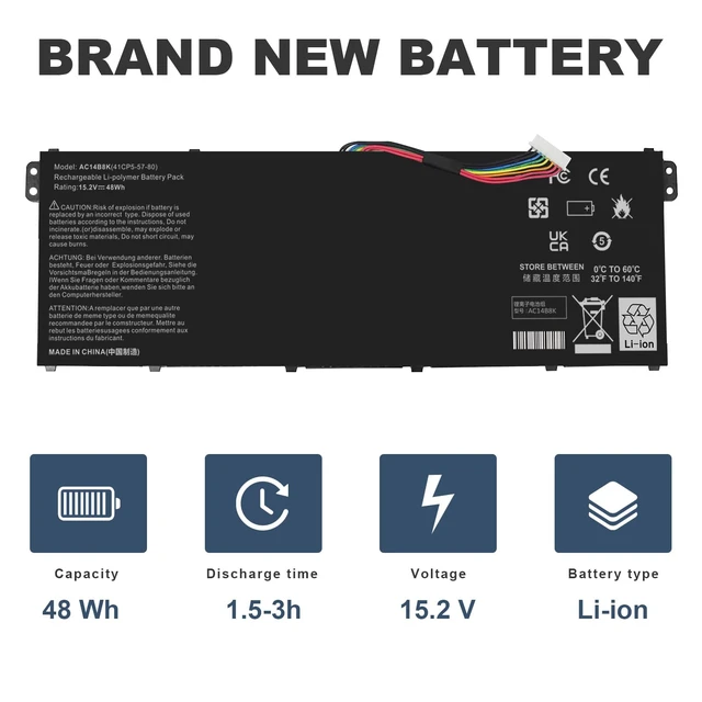 Alt view image 5 of 7 - AC14B8K Laptop Battery for Acer Aspire R3-131T R5-471T R5-571T R5-571TG E3-111 E3-112 ES1-511 ES1-512 ES1-531 ES1-520 ES1-111M R7-371T R7-372T V3-111 fits KT.0040G.004, KT0030G.004, 3ICP5/57/80