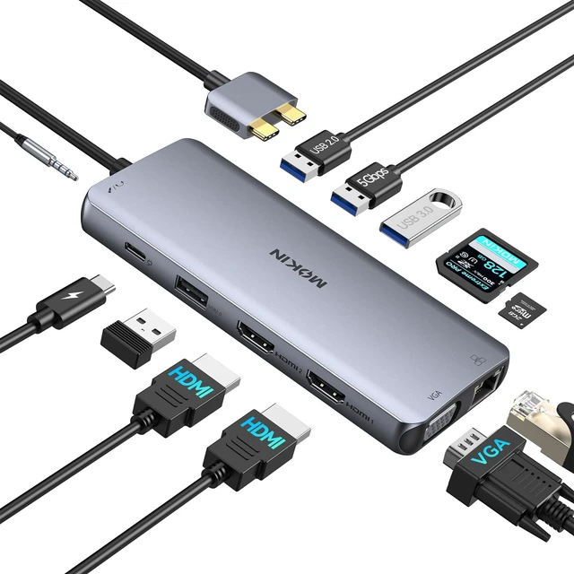 Main image of MacBook Pro Docking Station for Dual Monitor, 12 in 2 HDMI Adapter Dockingstation for MacBook Pro/Air, MacBook Adapter, VGA, Ethernet, 4x USB, SD/microSD, 100W PD, Mac Dongle Dual HDMI
