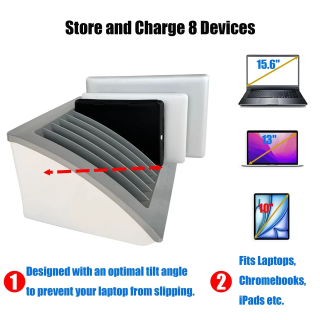 Alt view image 6 of 7 - 8-Device Laptop & Tablet Charging Station with Surge Protection For Chromebooks, iPads & Devices up to 15.6", Cable Management & Numbered Slots for Schools, Offices & Libraries,Gray