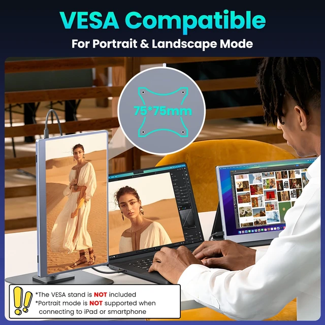 Alt view image 5 of 7 - Portable Monitor 15.6 inch FHD 85% sRGB 60Hz HDR HDMI USB-C Travel Monitor for Laptop MacBook PC Surface PS5 Xbox, External Display with Cover & Speakers, VESA Compatible