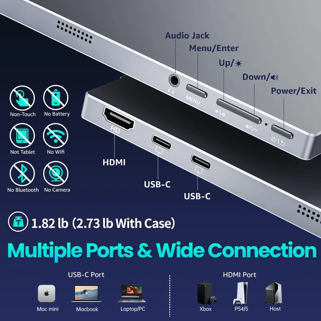 Alt view image 7 of 7 - Portable Monitor 15.6 inch FHD 85% sRGB 60Hz HDR HDMI USB-C Travel Monitor for Laptop MacBook PC Surface PS5 Xbox, External Display with Cover & Speakers, VESA Compatible