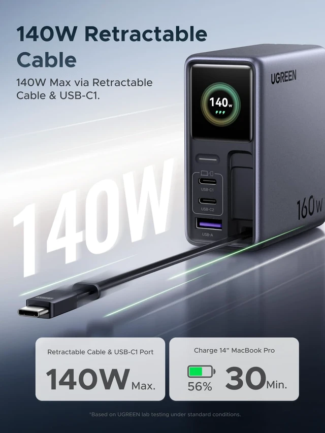Alt view image 3 of 7 - Nexode Pro 160W Charger with Retractable Cable, Smart Display & APP Control, 4-Port GaN Fast USB C Wall Block, Type-C Charging Compatible for MacBook Pro/Air, iPhone 17/16 Series, iPad, Galaxy