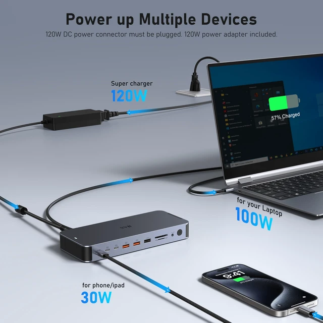 Alt view image 6 of 7 - Laptop Docking Station USB C Dock Multiport Hub with 120W Power Adapter 2 HDMI,DP 8K,Fast USB C Power Supply&Phone 30W Charge,10Gbps USB A/C Ports for Dell HP Lenovo
