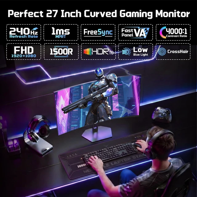 Alt view image 2 of 7 - 27 Inch 240Hz Curved Gaming Monitor, FHD 1080P Computer Monitor 4000:1 Contrast Ratio Fast VA with MPRT 1ms, 130% sRGB 1500R HDMI DP VESA 100×100, (G27H1F, One HDMI Cable Included)