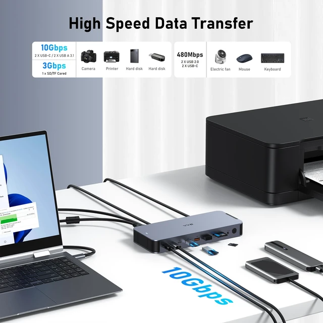 Alt view image 7 of 7 - Laptop Docking Station USB C Dock Multiport Hub with 120W Power Adapter 2 HDMI,DP 8K,Fast USB C Power Supply&Phone 30W Charge,10Gbps USB A/C Ports for Dell HP Lenovo
