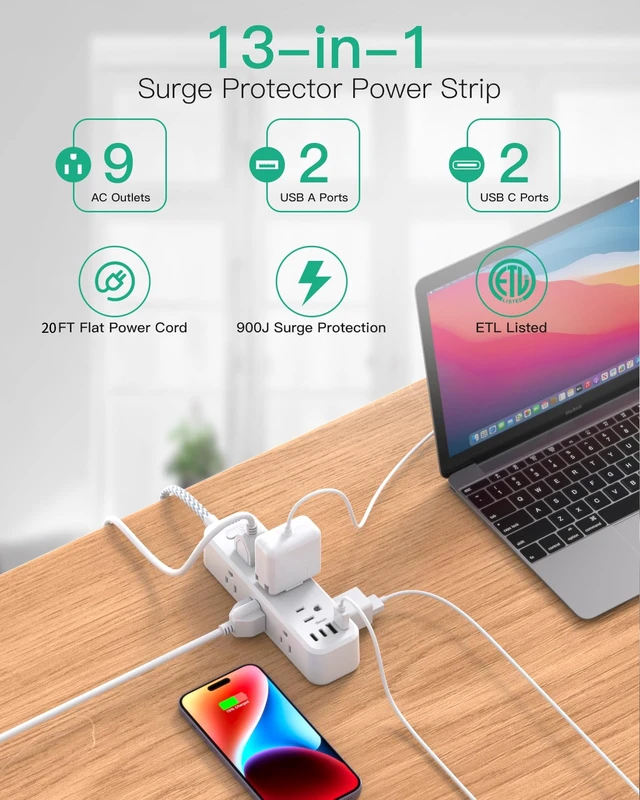 Alt view image 3 of 7 - 20FT Long Extension Cord with Surge Protector, 13-in-1 Power Strip with 9 Wide Spaced Outlets and 4 USB Ports, Flat Plug Wall Mount Charging Station for College Dorm Room Essentials, Office, White
