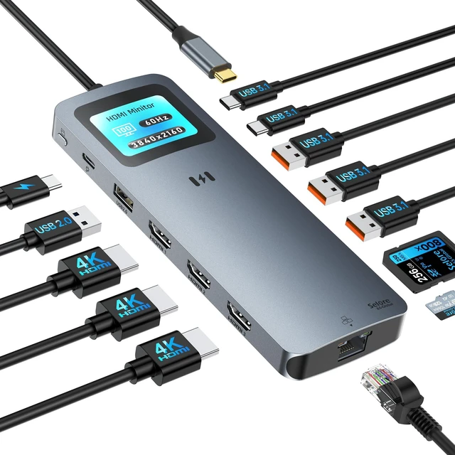 Main image of Selore Laptop Docking Station 3 Monitors USB C Docking Station 3 HDMI Smart Display, Triple 4K HDMI, 2.5G Ethernet, 100W PD, 10Gbps USB A/C 3.1, SD/microSD Slot for Dell/HP/Lenovo Windows Laptops