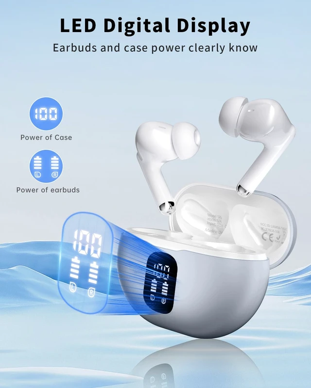 Alt view image 2 of 7 - Wireless Earbuds, Bluetooth 5.4 Ear Buds Bass Stereo, Headphones with Noise Cancelling Mic, LED Display in Ear Earphones Clear Calls, IP7 Waterproof Bluetooth Earbuds for Phone/Android/iPad, Gray