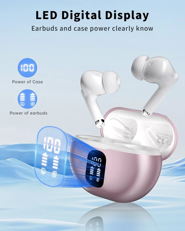 Alt view image 2 of 7 - Wireless Earbuds, Bluetooth 5.4 Ear Buds Bass Stereo, Headphones with Noise Cancelling Mic, LED Display in Ear Earphones Clear Calls, IP7 Waterproof Bluetooth Earbuds for Phone/Android/iPad, Rose Gold