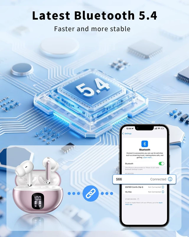 Alt view image 5 of 7 - Wireless Earbuds, Bluetooth 5.4 Ear Buds Bass Stereo, Headphones with Noise Cancelling Mic, LED Display in Ear Earphones Clear Calls, IP7 Waterproof Bluetooth Earbuds for Phone/Android/iPad, Rose Gold