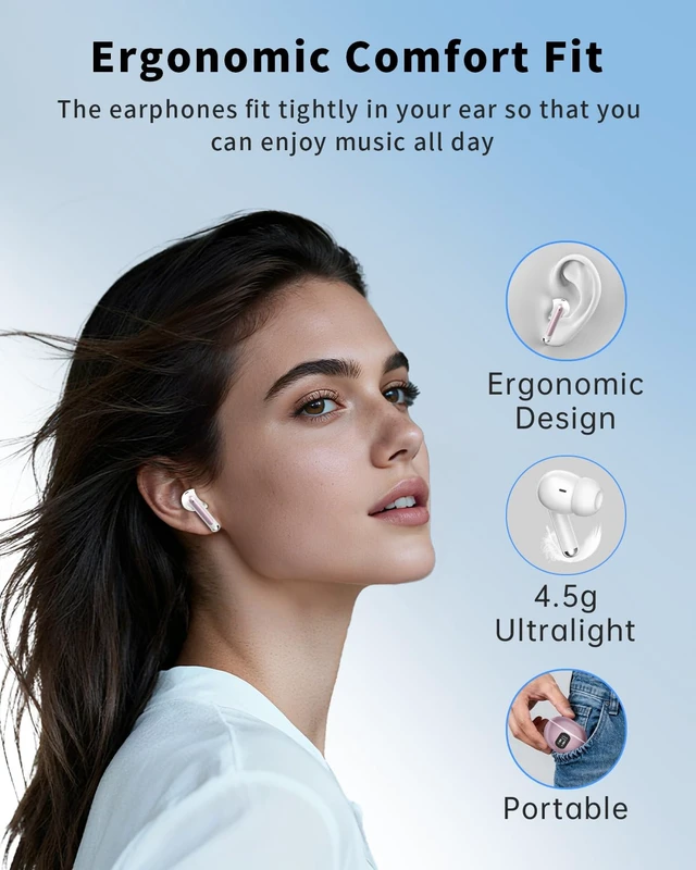 Alt view image 7 of 7 - Wireless Earbuds, Bluetooth 5.4 Ear Buds Bass Stereo, Headphones with Noise Cancelling Mic, LED Display in Ear Earphones Clear Calls, IP7 Waterproof Bluetooth Earbuds for Phone/Android/iPad, Rose Gold