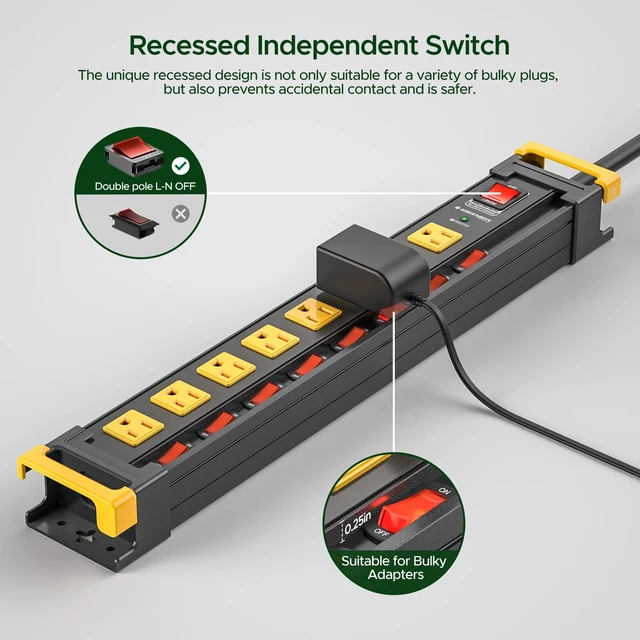 Alt view image 2 of 7 - 8 Outlet Heavy Duty Surge Protector Power Strip Individual Switches, 3300J Surge Protection, Metal Housing, Wide-Spaced Outlets, 6FT Cord, ETL Listed (15A/1875W)