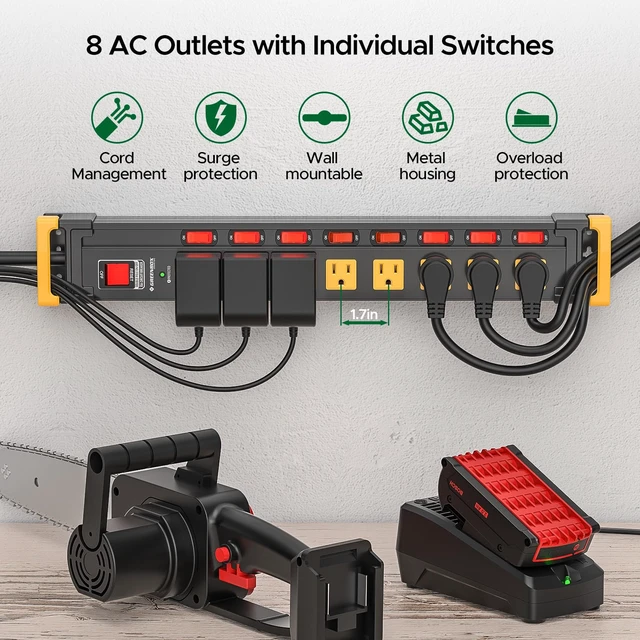 Alt view image 3 of 7 - 8 Outlet Heavy Duty Surge Protector Power Strip Individual Switches, 3300J Surge Protection, Metal Housing, Wide-Spaced Outlets, 6FT Cord, ETL Listed (15A/1875W)