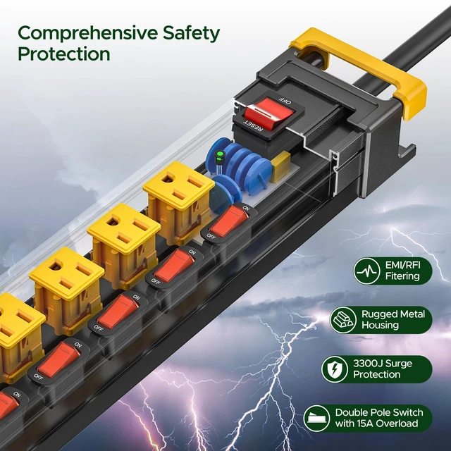 Alt view image 5 of 7 - 8 Outlet Heavy Duty Surge Protector Power Strip Individual Switches, 3300J Surge Protection, Metal Housing, Wide-Spaced Outlets, 6FT Cord, ETL Listed (15A/1875W)