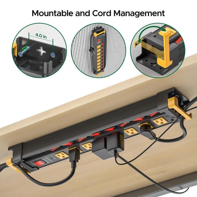 Alt view image 4 of 7 - 8 Outlet Heavy Duty Surge Protector Power Strip Individual Switches, 3300J Surge Protection, Metal Housing, Wide-Spaced Outlets, 6FT Cord, ETL Listed (15A/1875W)