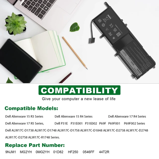 Alt view image 4 of 7 - 9NJM1 44T2R MG2YH Laptop Battery for Dell Alienware 15 R3 R4 17 R4 R5 Series P31E P69F P31E001 P31E002 P69F001 P69F002 HF25D 01D82 546FF 0546FF HF250 0HF250 0MG2YH