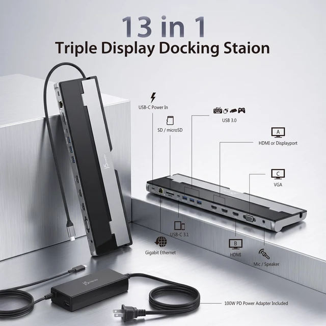 Alt view image 2 of 7 - USB-C Docking Station for up to 3 Displays with 100W PD Charger HDMI, DisplayPort, VGA, 100W PD Charging, 1Gbps Ethernet for MacBook Pro/Air, XPS, and More (JCD543P)