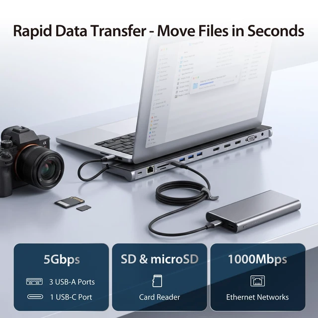 Alt view image 5 of 7 - USB-C Docking Station for up to 3 Displays with 100W PD Charger HDMI, DisplayPort, VGA, 100W PD Charging, 1Gbps Ethernet for MacBook Pro/Air, XPS, and More (JCD543P)