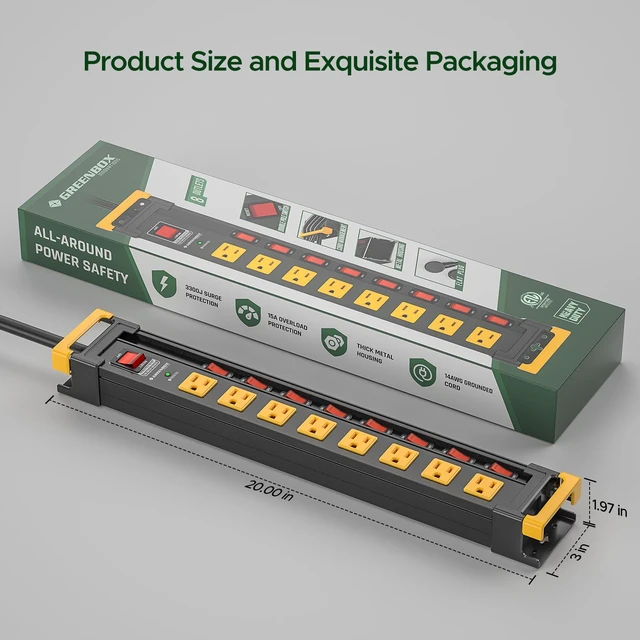 Alt view image 6 of 7 - 8 Outlet Heavy Duty Surge Protector Power Strip Individual Switches, 3300J Surge Protection, Metal Housing, Wide-Spaced Outlets, 6FT Cord, ETL Listed (15A/1875W)