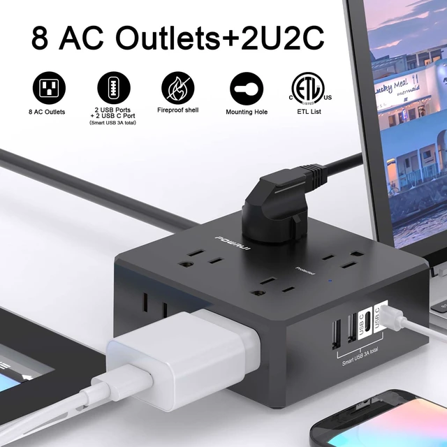 Alt view image 2 of 7 - Surge Protector Power Strip - 10 Ft Flat Plug Extension Cord with 8 Widely Outlets and 4 USB Ports, 3 Side Outlet Extender for Home Office, Black, ETL Listed