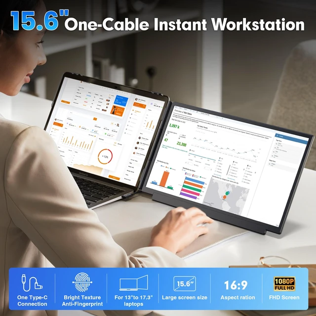 Alt view image 2 of 7 - 15.6" Laptop Screen Extender, FHD 1080 IPS Detachable Dual Screen Monitor fit for13-17.3" Laptop, One Cable Portable Plug & Play Travel Monitor Compatible with Windows/Mac/Android/Chrome