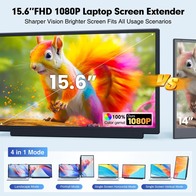 Alt view image 3 of 7 - 15.6" Laptop Screen Extender, FHD 1080 IPS Detachable Dual Screen Monitor fit for13-17.3" Laptop, One Cable Portable Plug & Play Travel Monitor Compatible with Windows/Mac/Android/Chrome
