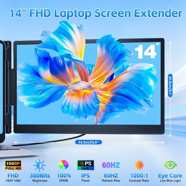 Alt view image 2 of 7 - Laptop Screen Extender, Ultra-lightweight 14" FHD 1080P IPS Dual Screen, Laptop Monitor Extender with USB-C/HDMI Port, Plug and Play Portable Monitor for 13-17" Laptops (Wins/Mac/Android//Switch/PS5)