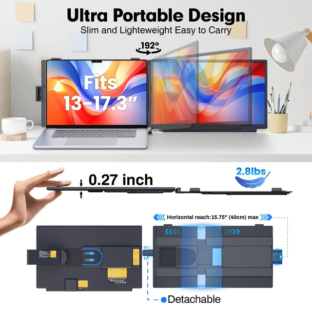 Alt view image 7 of 7 - 15.6" Laptop Screen Extender, FHD 1080 IPS Detachable Dual Screen Monitor fit for13-17.3" Laptop, One Cable Portable Plug & Play Travel Monitor Compatible with Windows/Mac/Android/Chrome