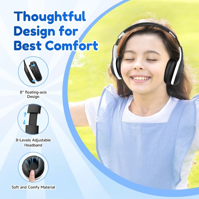 Alt view image 5 of 7 - K2 Kids Bluetooth Headphones for School, Kids Headphones with Mic Volume Limited, 40H Playtime, Built-in Mic, Stereo Sound, Foldable Over-Ear Headphone for Kids/Toddler/Travel/Tablet, Black