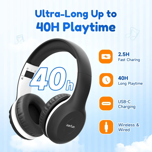 Alt view image 6 of 7 - K2 Kids Bluetooth Headphones for School, Kids Headphones with Mic Volume Limited, 40H Playtime, Built-in Mic, Stereo Sound, Foldable Over-Ear Headphone for Kids/Toddler/Travel/Tablet, Black