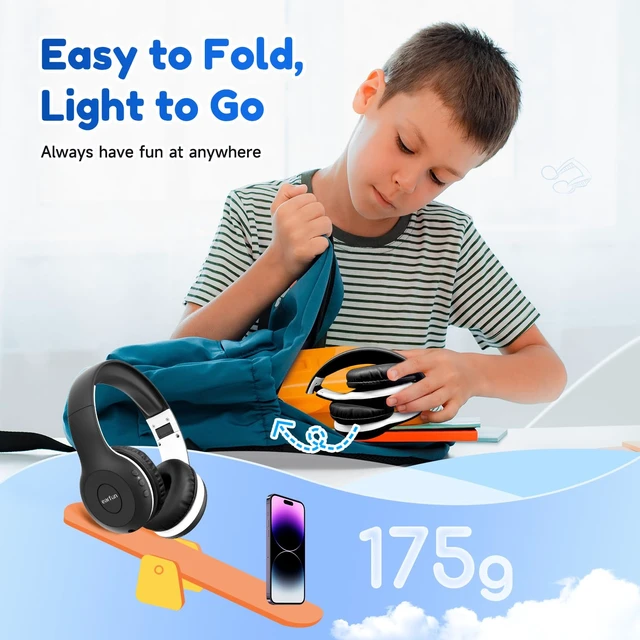 Alt view image 7 of 7 - K2 Kids Bluetooth Headphones for School, Kids Headphones with Mic Volume Limited, 40H Playtime, Built-in Mic, Stereo Sound, Foldable Over-Ear Headphone for Kids/Toddler/Travel/Tablet, Black