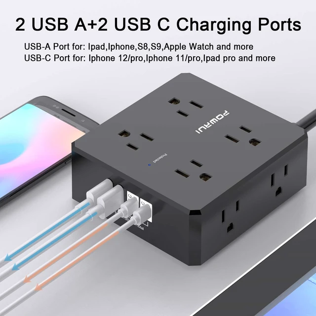 Alt view image 3 of 7 - Surge Protector Power Strip - 10 Ft Flat Plug Extension Cord with 8 Widely Outlets and 4 USB Ports, 3 Side Outlet Extender for Home Office, Black, ETL Listed