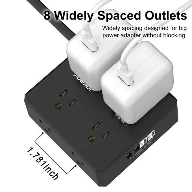 Alt view image 5 of 7 - Surge Protector Power Strip - 10 Ft Flat Plug Extension Cord with 8 Widely Outlets and 4 USB Ports, 3 Side Outlet Extender for Home Office, Black, ETL Listed