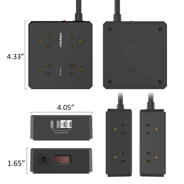 Alt view image 7 of 7 - Surge Protector Power Strip - 10 Ft Flat Plug Extension Cord with 8 Widely Outlets and 4 USB Ports, 3 Side Outlet Extender for Home Office, Black, ETL Listed