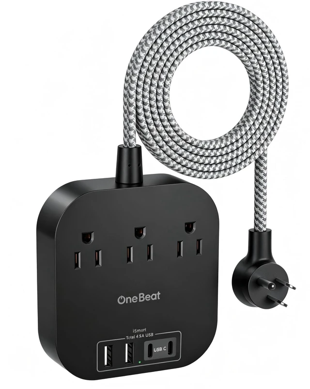 Main image of Power Strip with USB C, 3 Outlets 4 USB Ports (22.5W/4.5A),6ft Desktop Charging Station, Flat Plug, Braided Extension Cord, Non Surge Protector for Travel, Cruise Ship, ETL Listed-Black